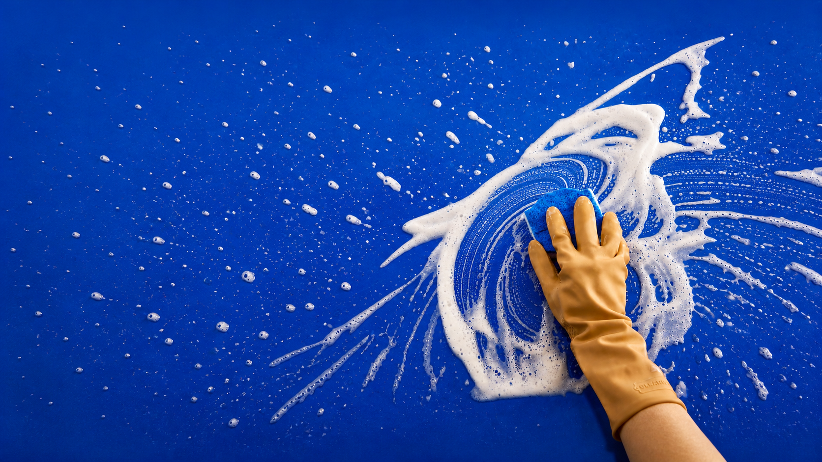Hand wearing a yellow glove scrubbing a blue surface with white foam