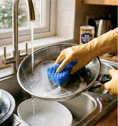 Hand wearing yellow rubber glove scrubbing a frying pan with a blue sponge over a kitchen sink with running water.