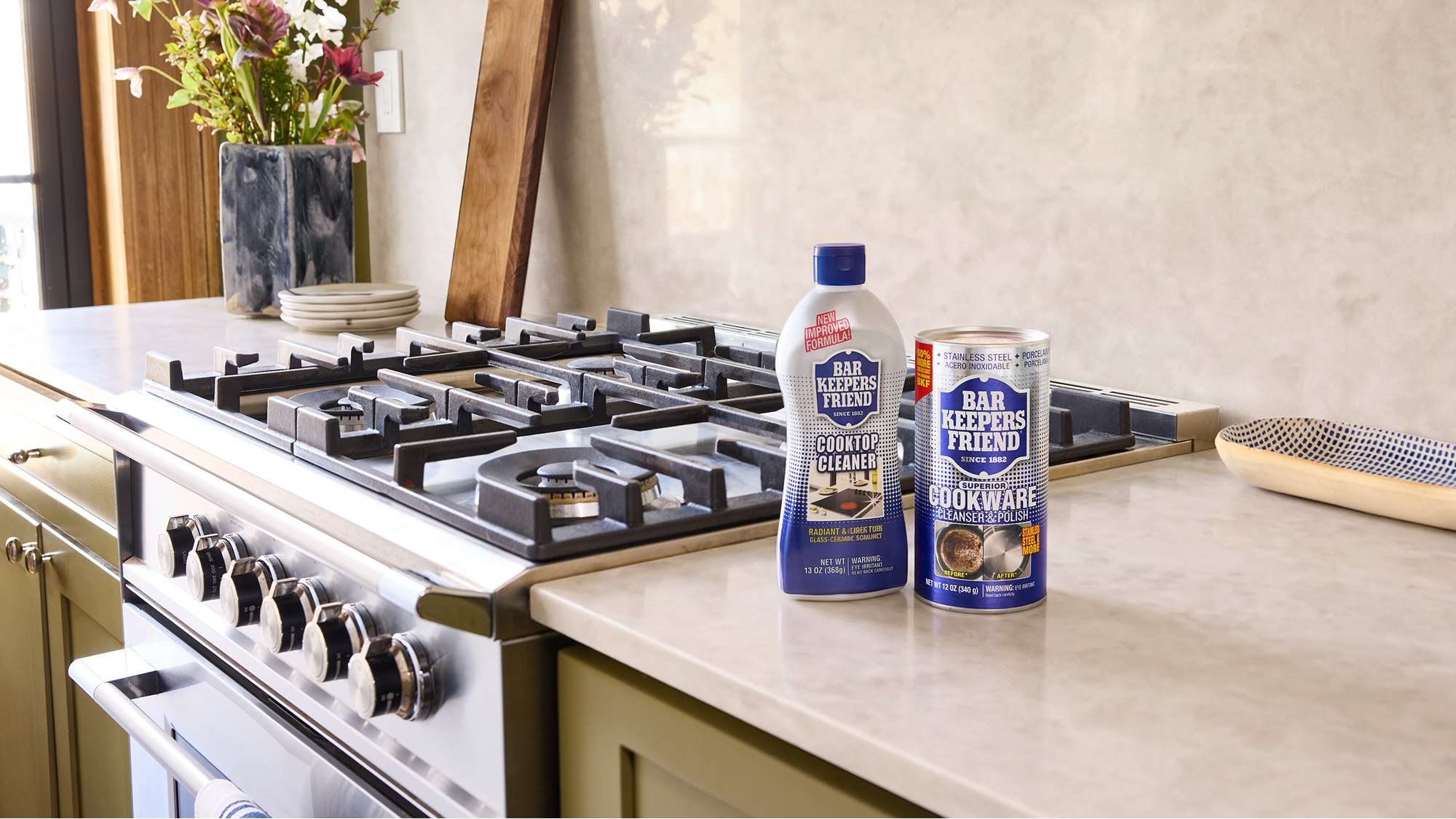 Kitchen counter with stove and cleaning products