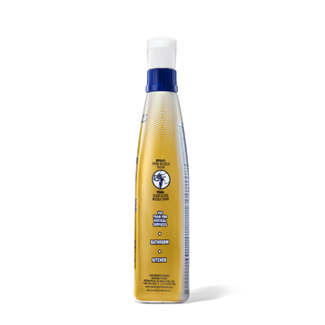 Yellow and blue spray bottle with instructions for cleaning grease, rust, soap scum, calcium, lime, and hard water stains.