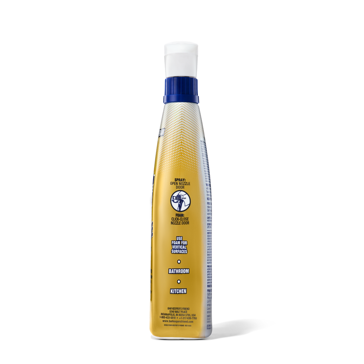 Yellow and blue spray bottle with instructions for cleaning grease, rust, soap scum, calcium, lime, and hard water stains.