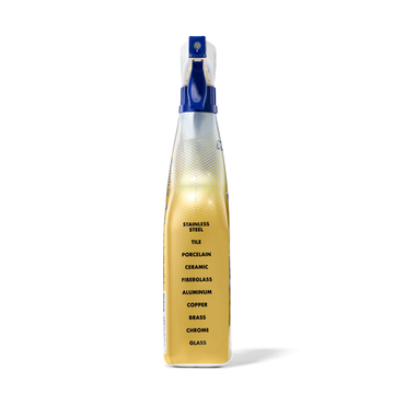 Yellow spray bottle with blue trigger labeled for cleaning aluminum, ceramic, copper, brass, shower doors, chrome, and outdoo