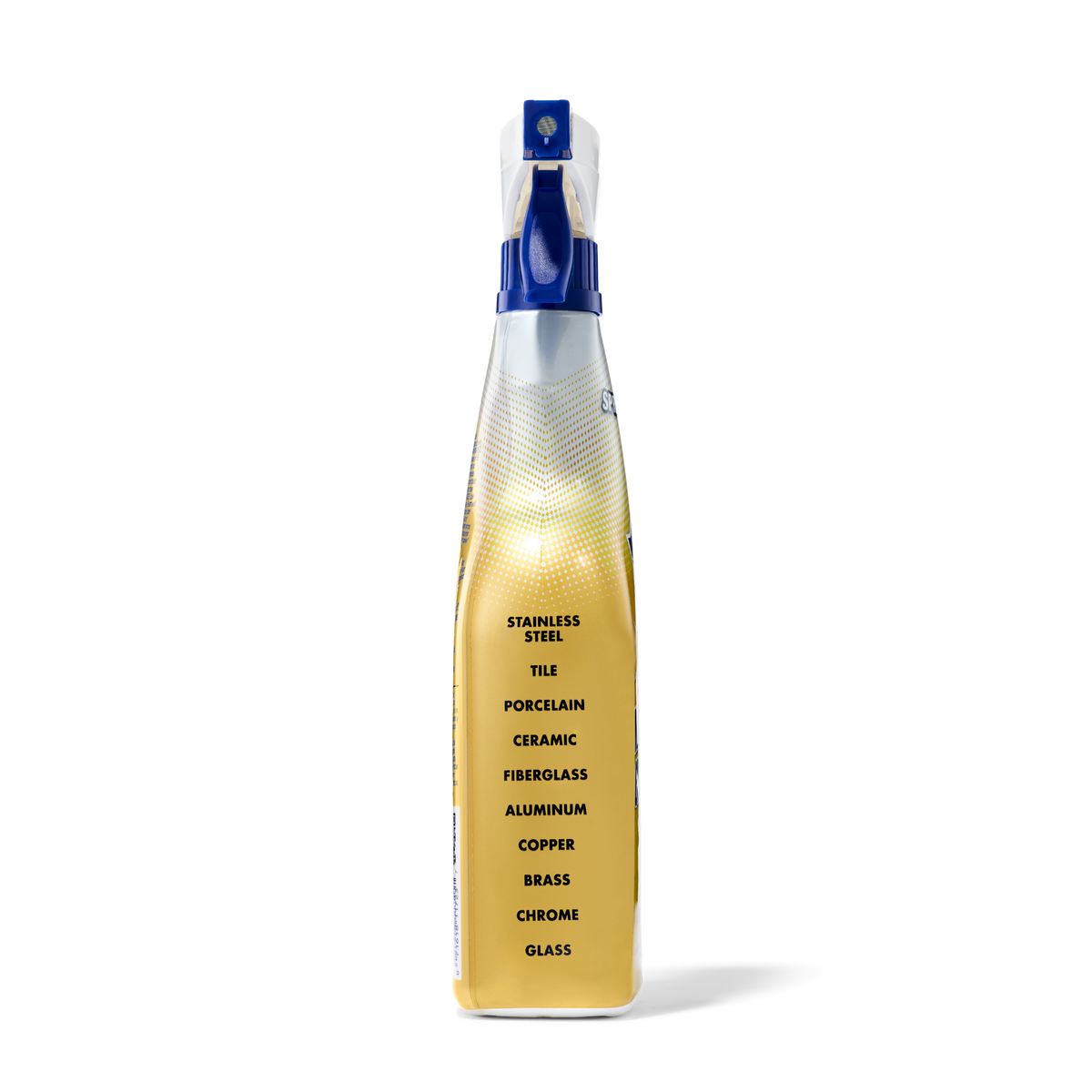 Yellow spray bottle with blue trigger labeled for cleaning aluminum, ceramic, copper, brass, shower doors, chrome, and outdoo