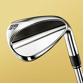 Golf wedge club with 56-degree loft and 12V marking on a beige background.