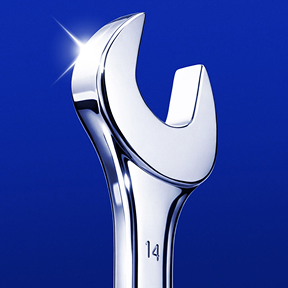 Shiny chrome open-end wrench with size 14 marked, against a blue background.