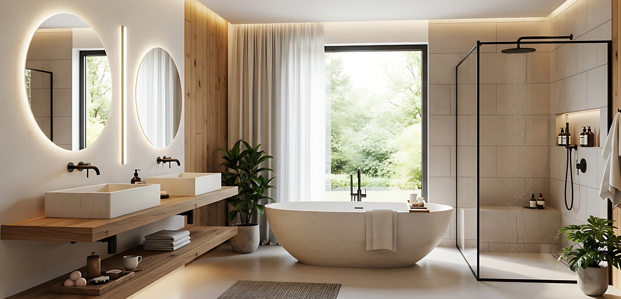 Modern bathroom with a freestanding bathtub, glass shower enclosure, and decorative elements.