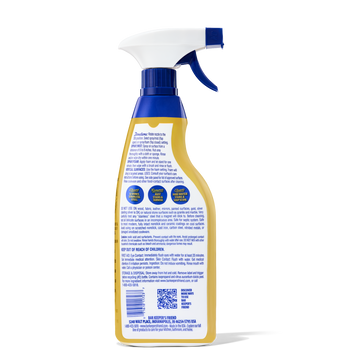 Spray bottle with detailed usage instructions and safety warnings on the back label of a multi-purpose cleaner.