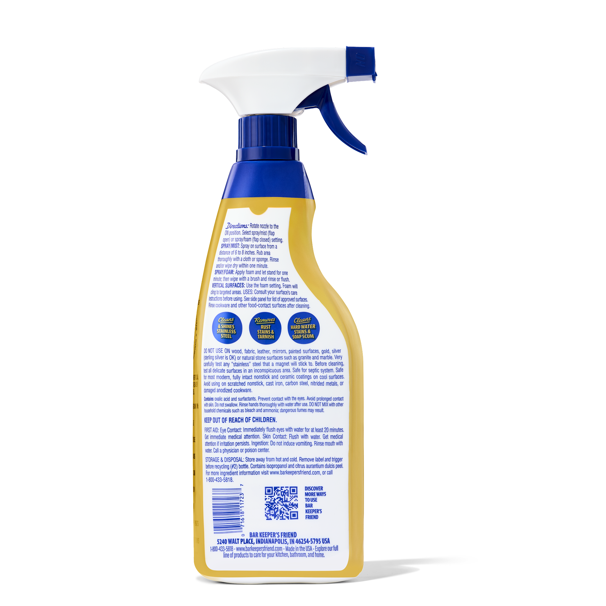 Spray bottle with detailed usage instructions and safety warnings on the back label of a multi-purpose cleaner.