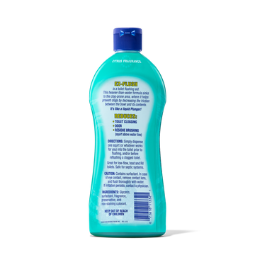 Back label of a turquoise bottle with instructions and ingredients for a toilet bowl cleaning liquid with citrus fragrance.