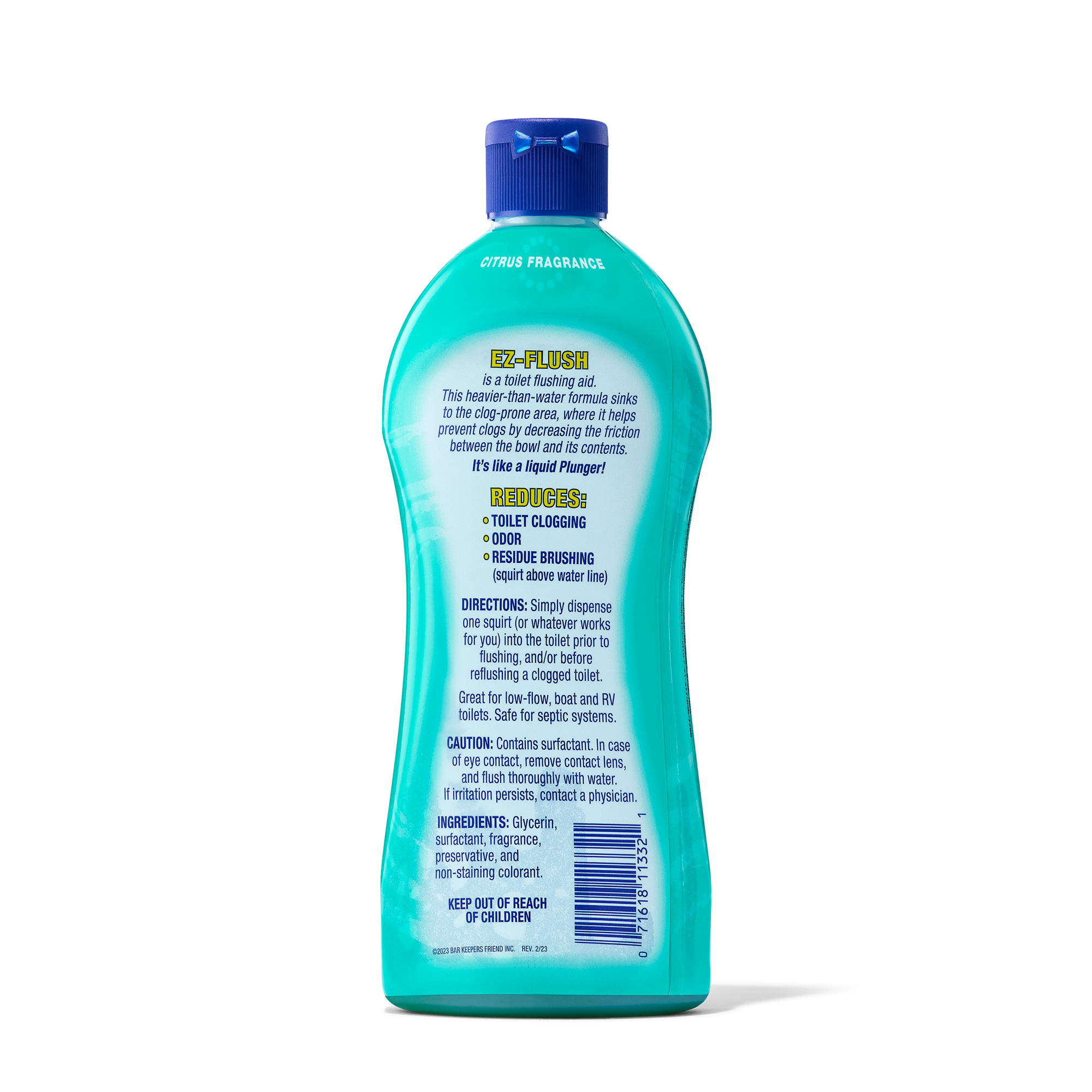 Back label of a turquoise bottle with instructions and ingredients for a toilet bowl cleaning liquid with citrus fragrance.