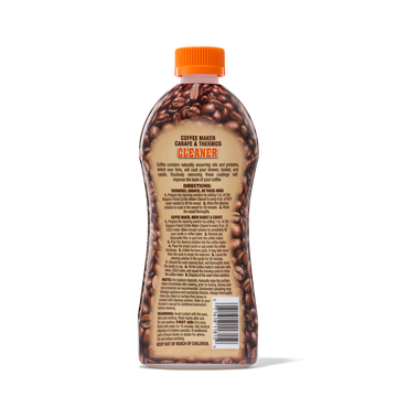 Bottle of coffee maker cleaner with coffee bean design and usage instructions on the label.