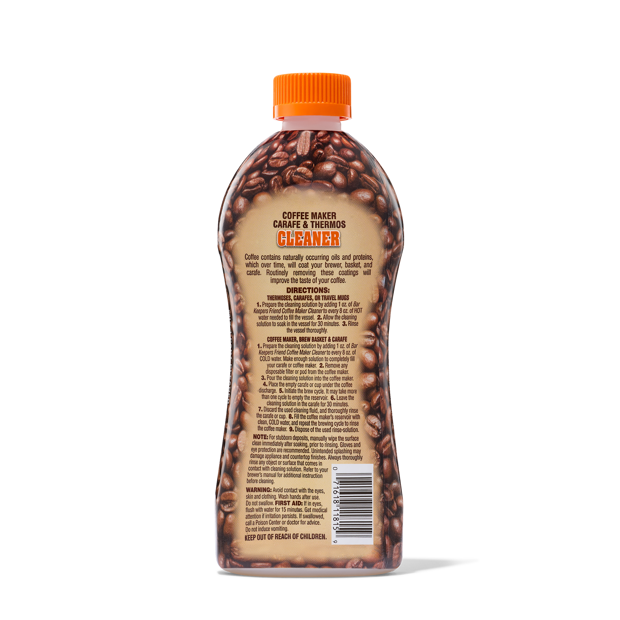 Bottle of coffee maker cleaner with coffee bean design and usage instructions on the label.