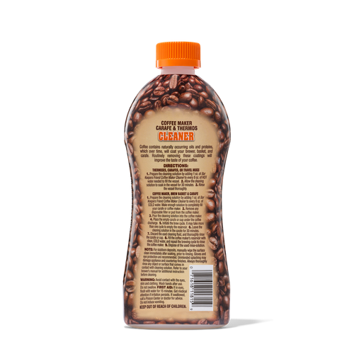 Bottle of coffee maker cleaner with coffee bean design and usage instructions on the label.