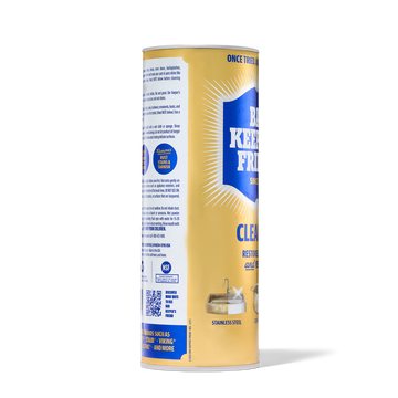 Tall cylindrical container of cleaner with blue and gold label, showing stainless steel cleaning use.