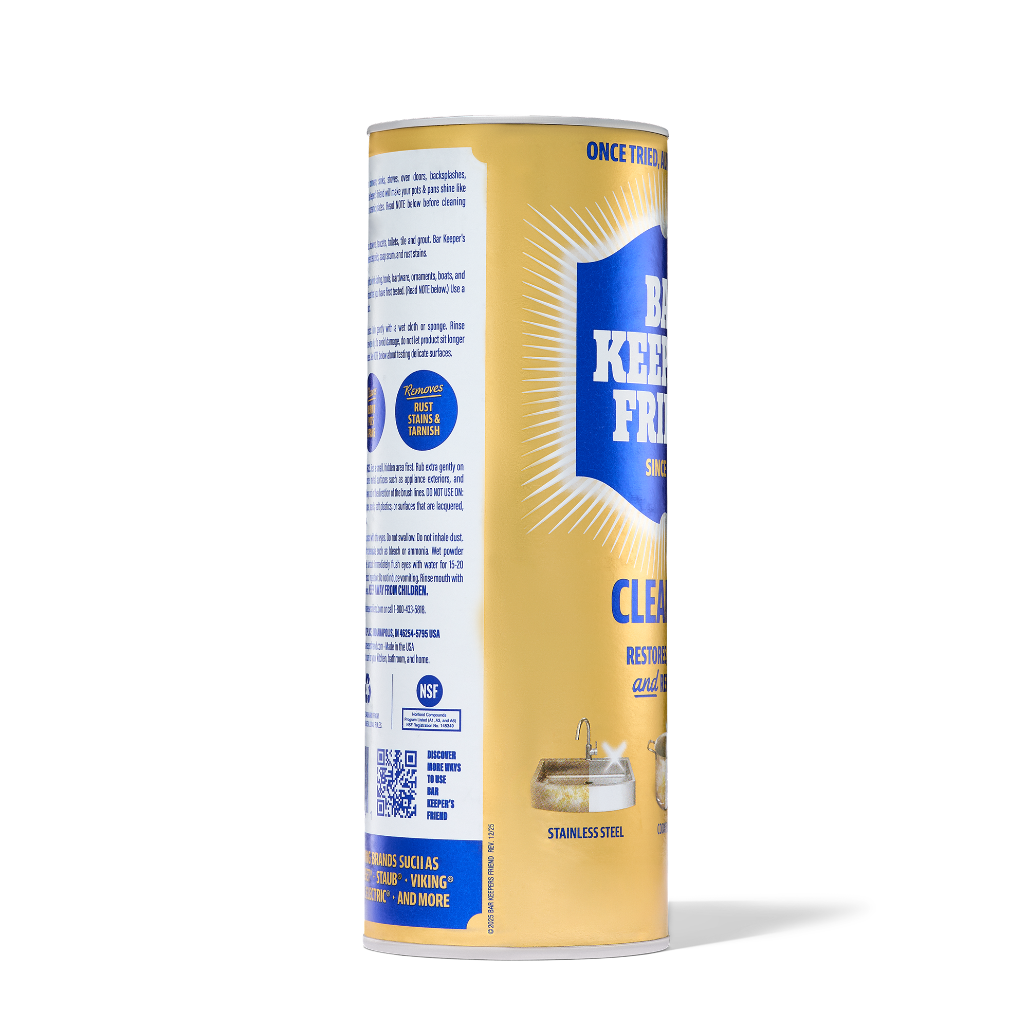Tall cylindrical container of cleaner with blue and gold label, showing stainless steel cleaning use.
