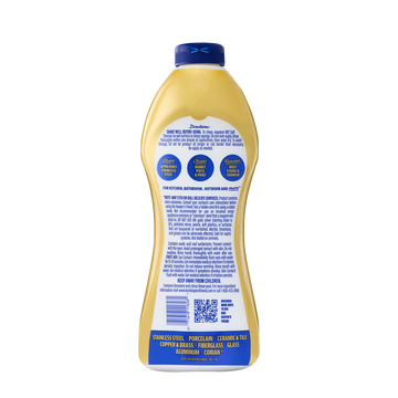 Cleaning product bottle back label with usage instructions, safety warnings, and surface compatibility icons.
