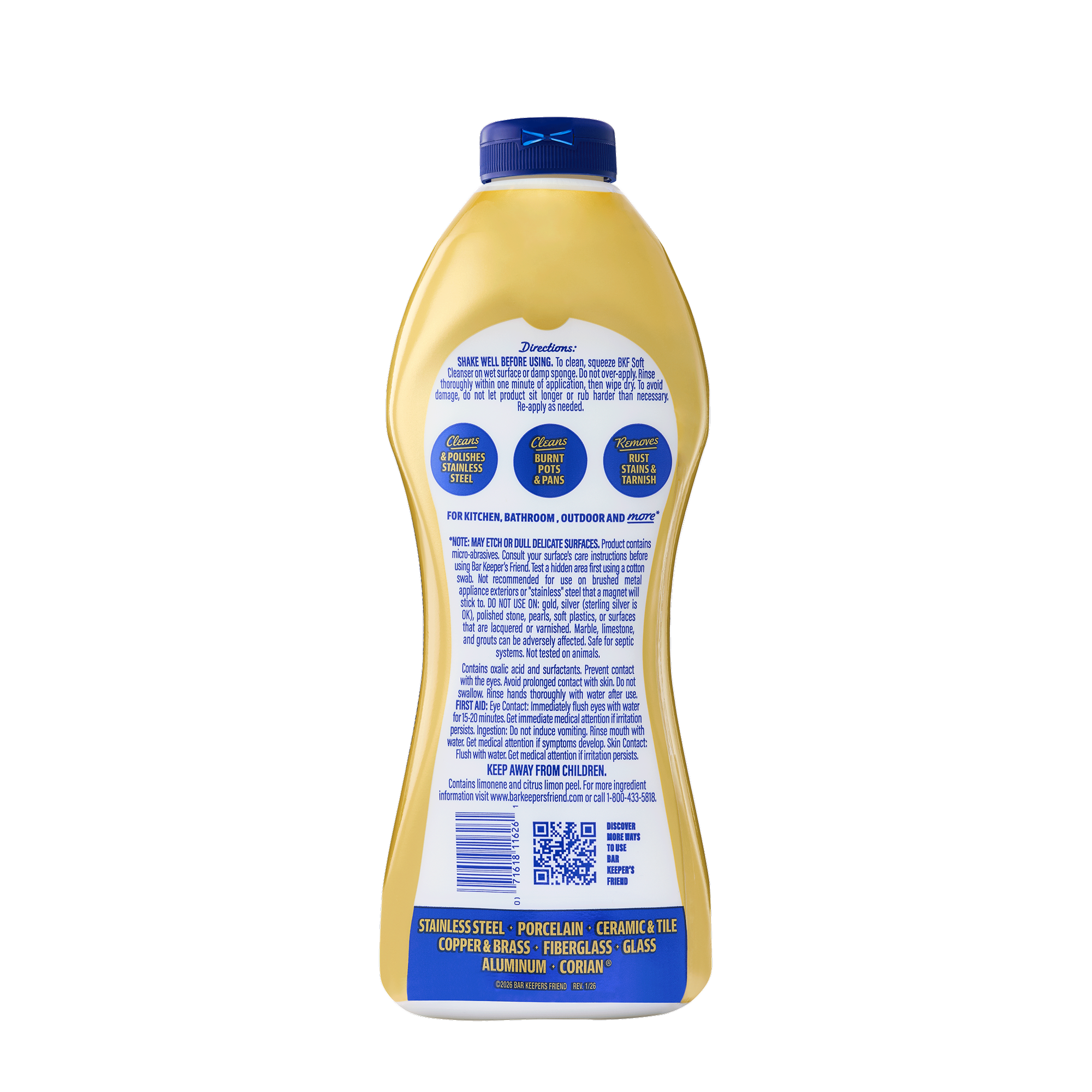 Cleaning product bottle back label with usage instructions, safety warnings, and surface compatibility icons.