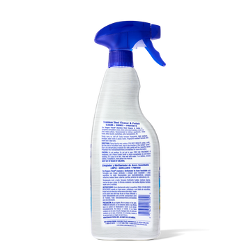 Spray bottle with blue trigger containing stainless steel cleaner and polish, showing detailed usage instructions on the back