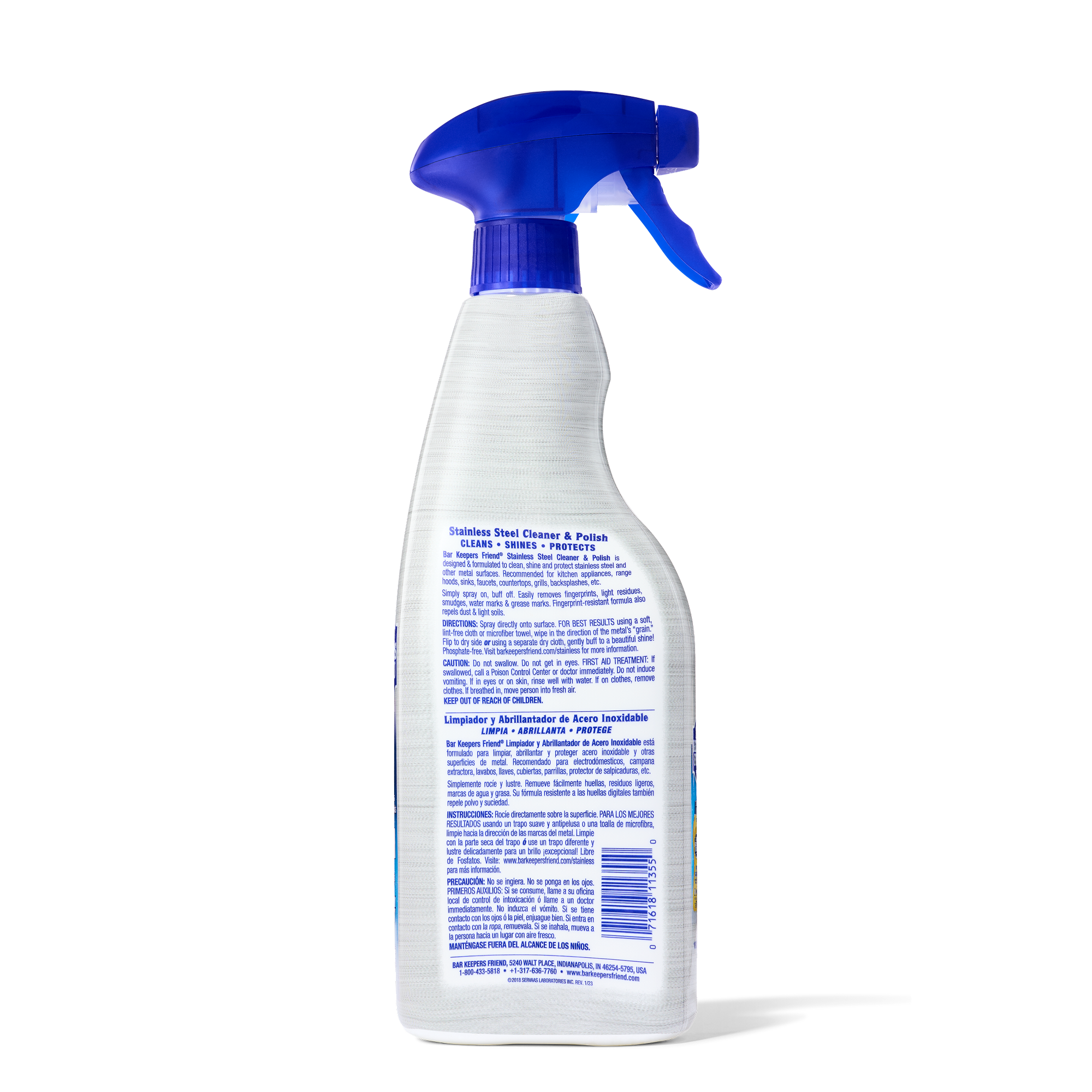 Spray bottle with blue trigger containing stainless steel cleaner and polish, showing detailed usage instructions on the back