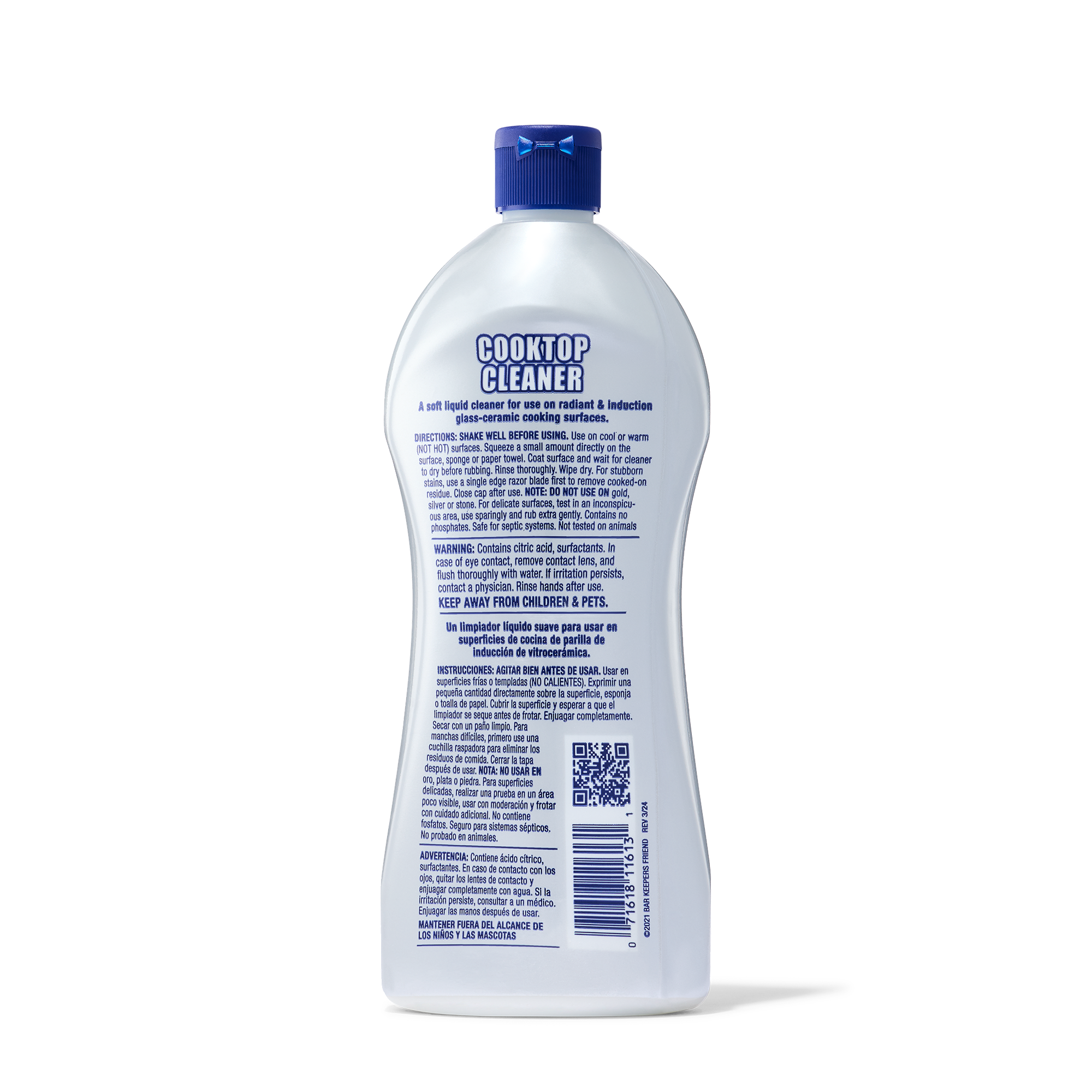 Bottle of cooktop cleaner with detailed usage and safety instructions on the back label.