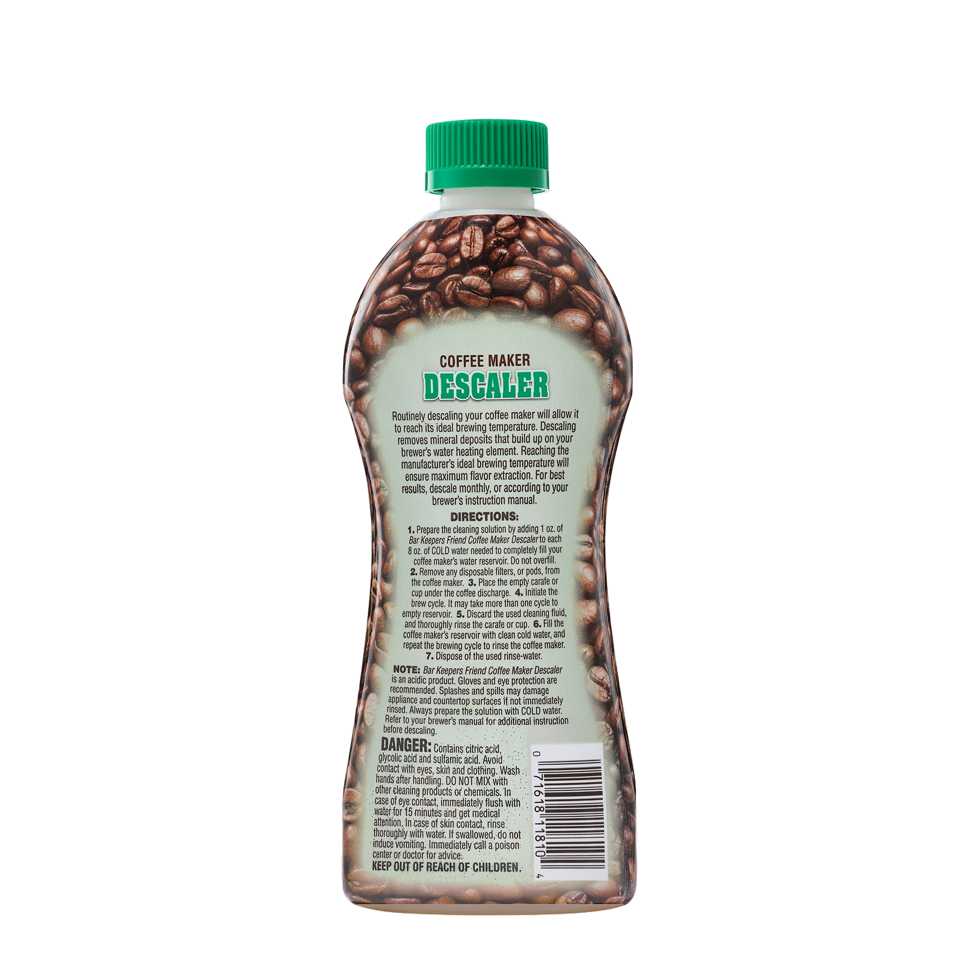Bottle of coffee maker descaler with usage instructions and safety warnings on the back label.