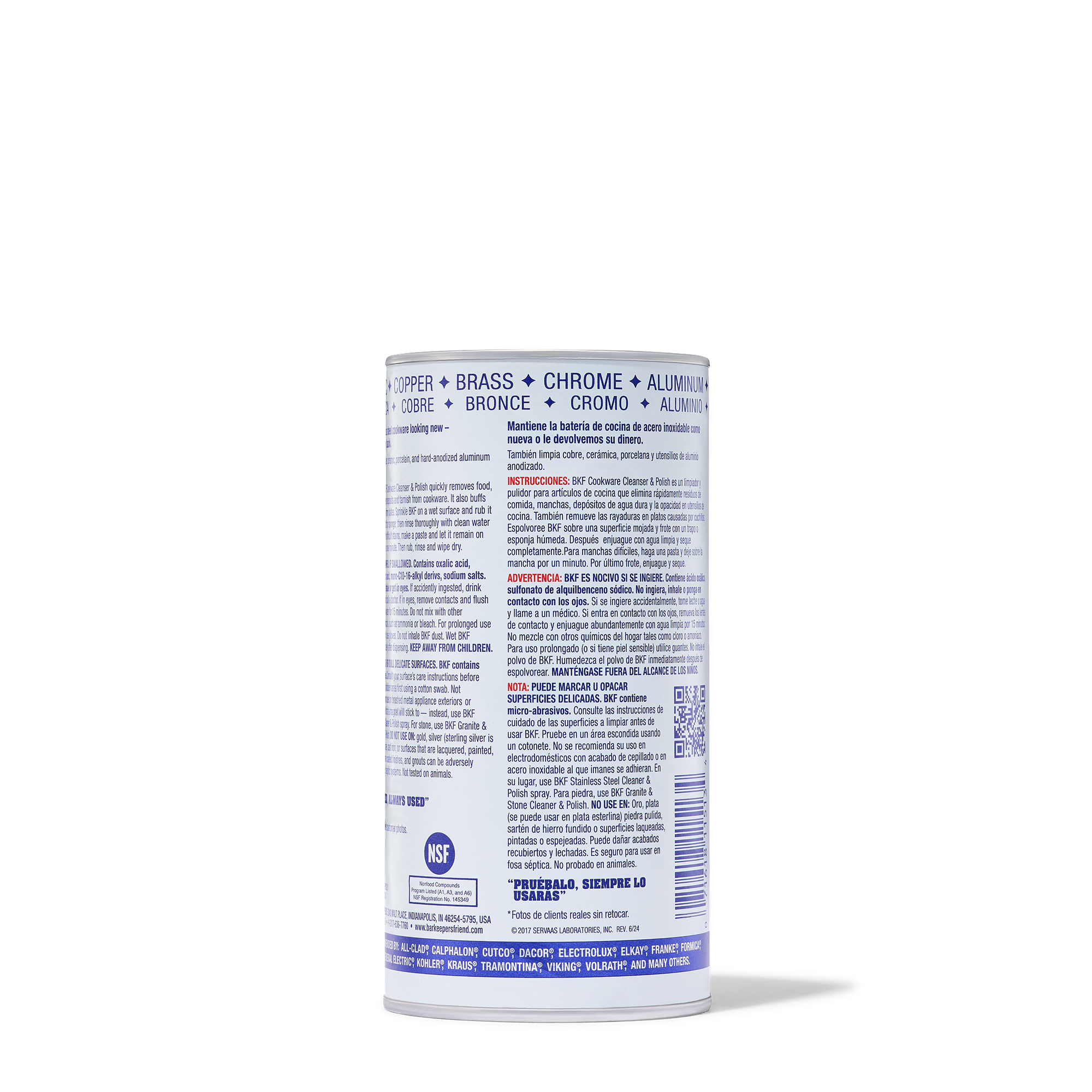 Container of cookware cleaner and polish with usage instructions and safety warnings on the label.