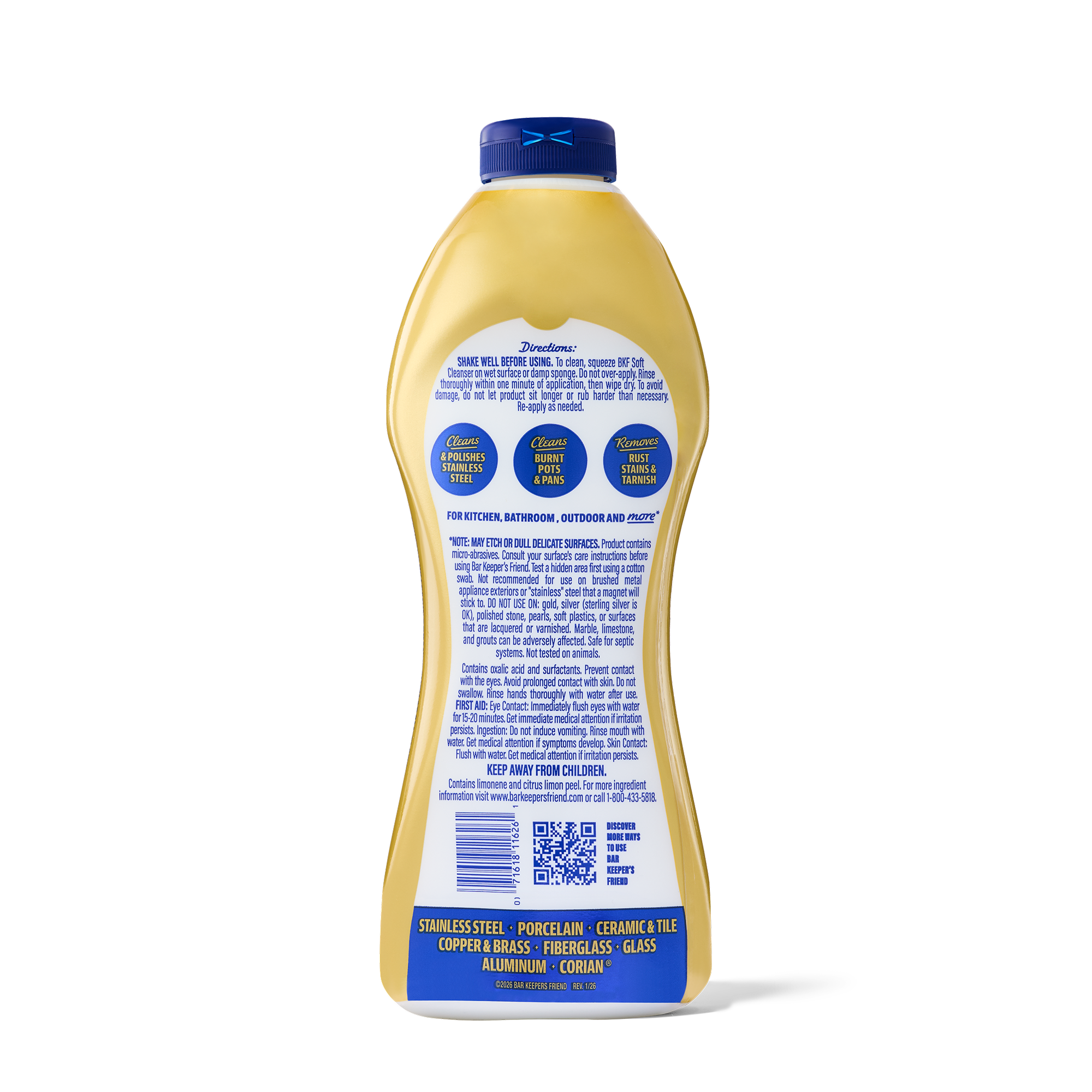 Back label of a yellow bottle with usage instructions and safety warnings for a soft cleanser product.
