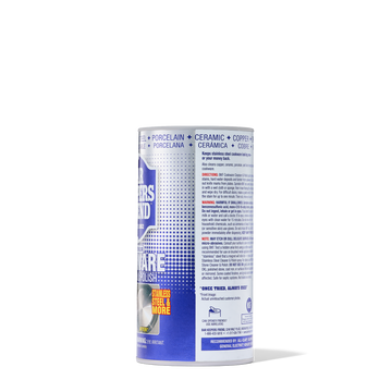 Container of cookware cleaner and polish with text describing usage and materials including porcelain, ceramic, and copper.