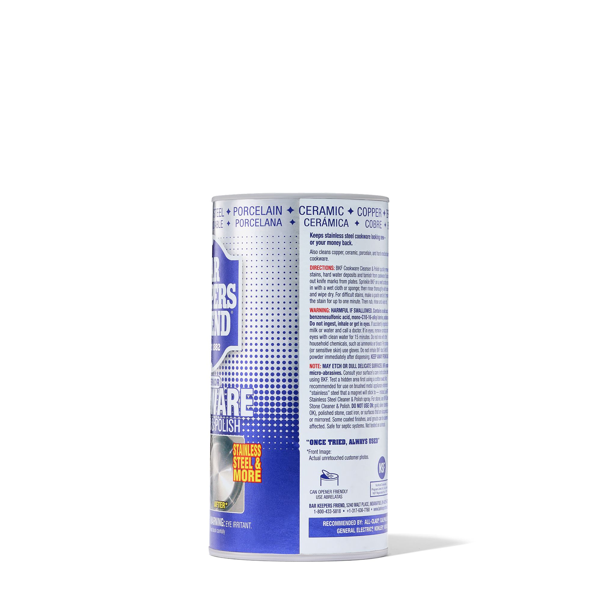 Container of cookware cleaner and polish with text describing usage and materials including porcelain, ceramic, and copper.