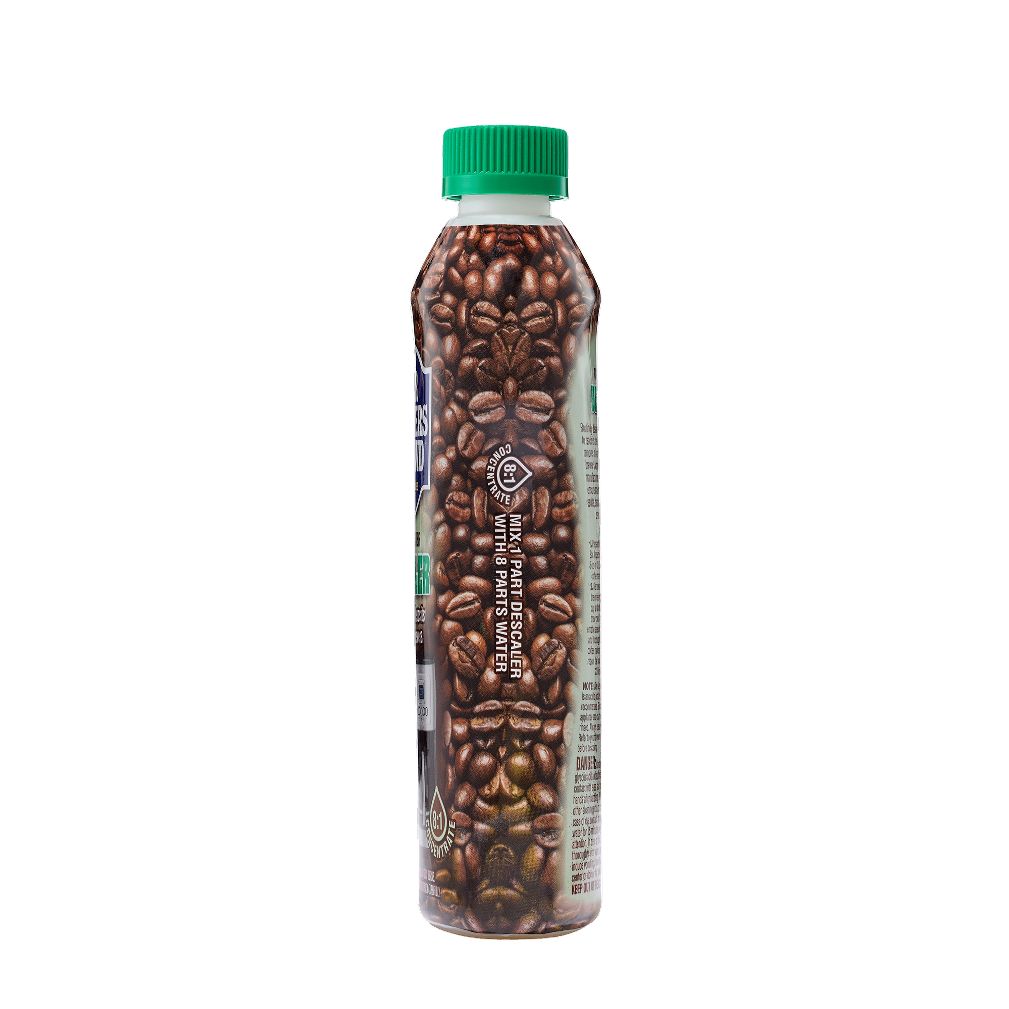 Bottle with a green cap featuring a coffee bean design and text about fair trade and organic certification.