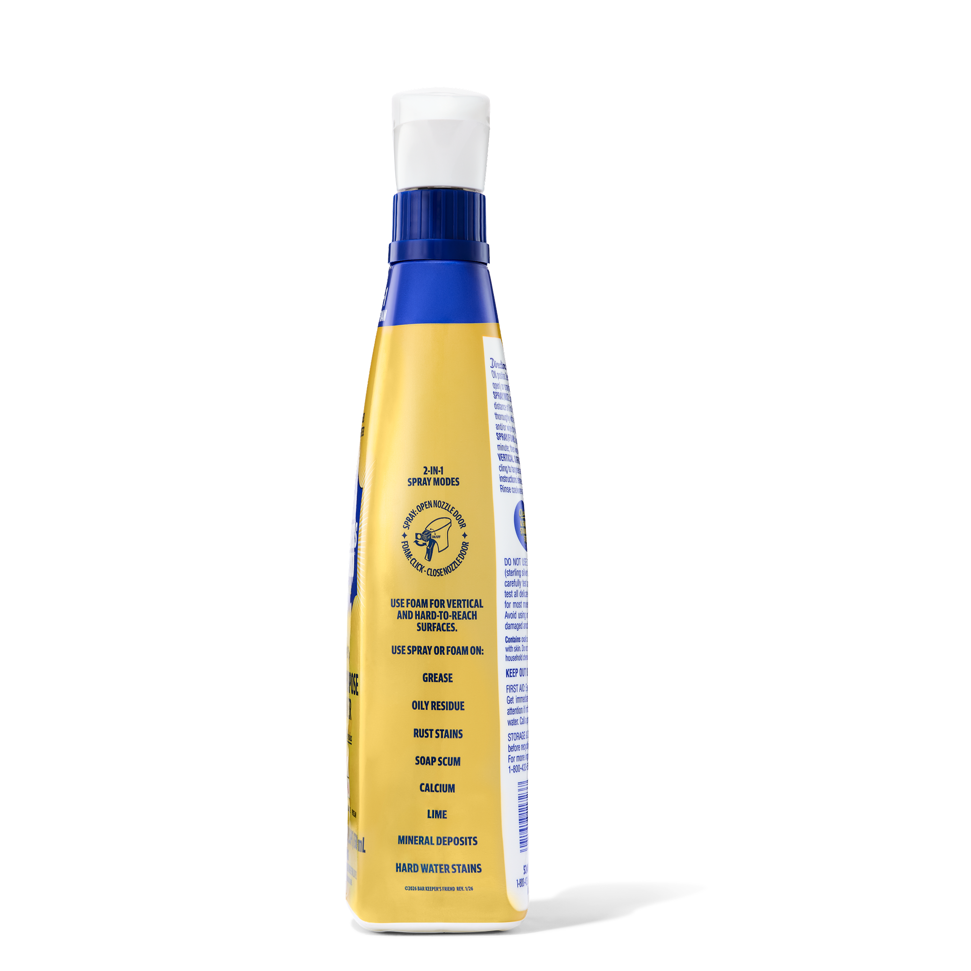 Yellow and blue spray bottle with instructions for cleaning grease, rust, soap scum, calcium, lime, and hard water stains.