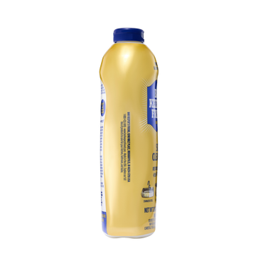 Tall yellow plastic bottle with a blue cap, showing side text and part of a blue label.