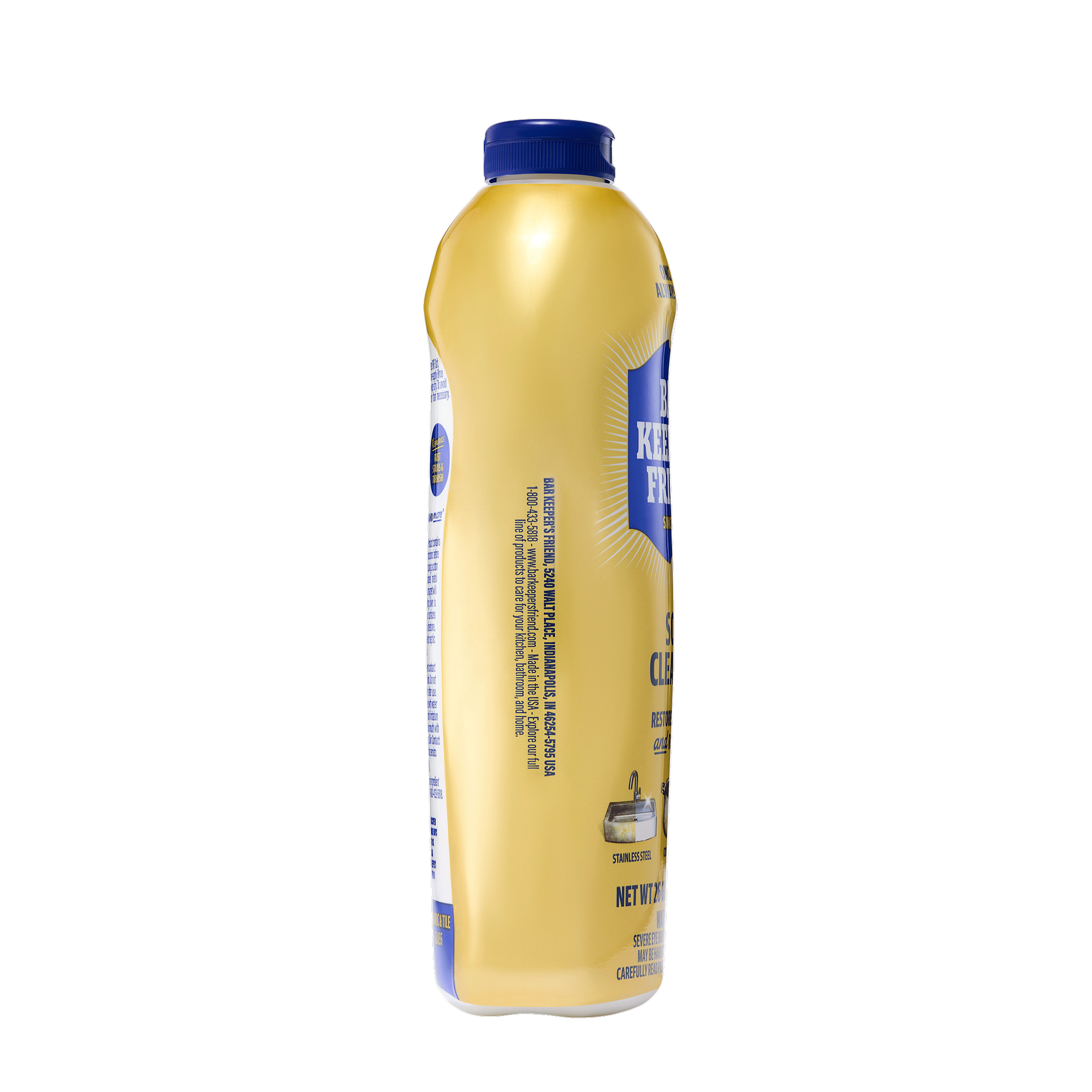 Tall yellow plastic bottle with a blue cap, showing side text and part of a blue label.