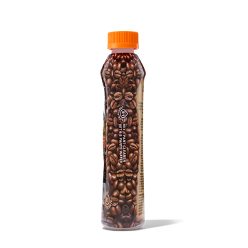 Bottle with coffee bean design and orange cap labeled for cleaning coffee makers and parts.