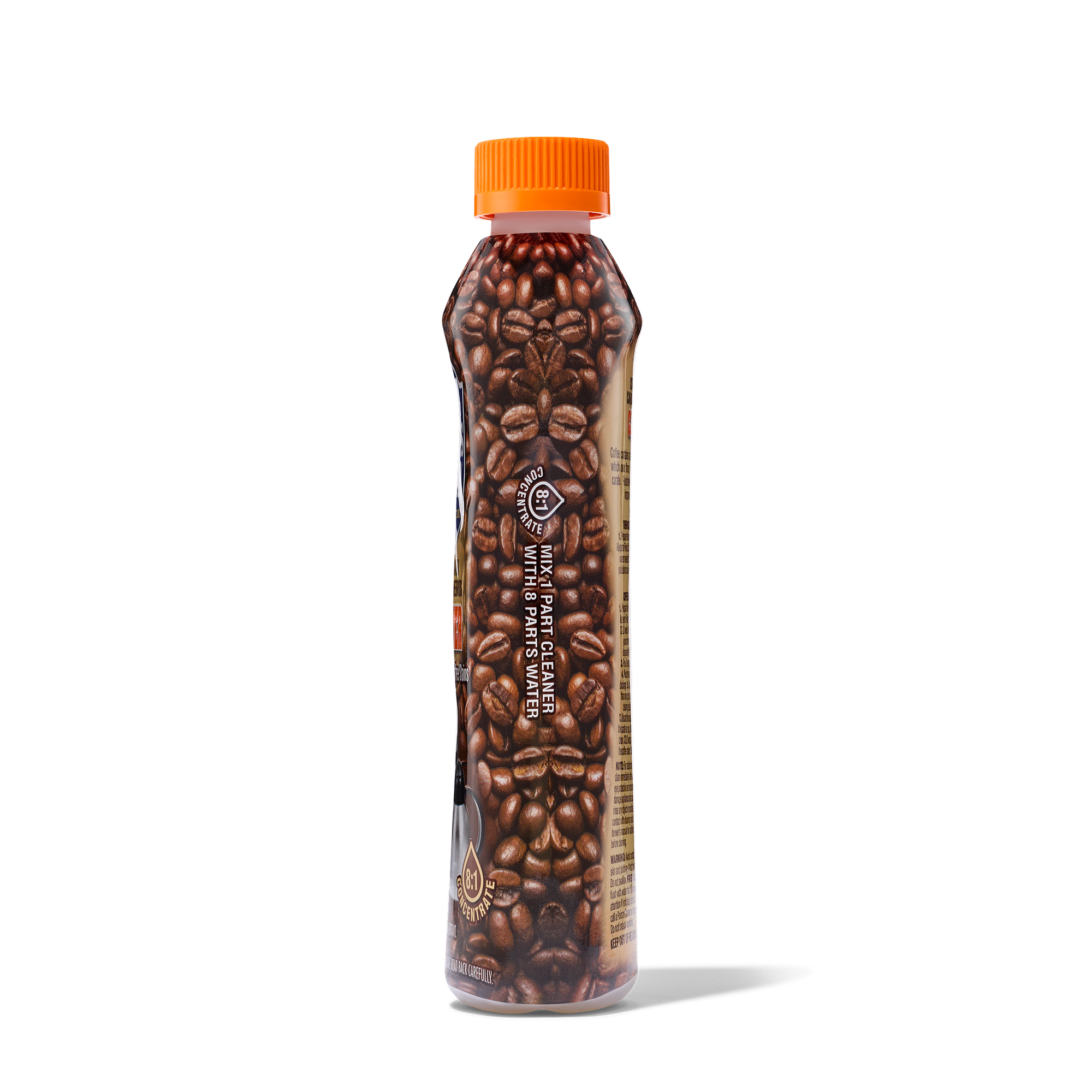 Bottle with coffee bean design and orange cap labeled for cleaning coffee makers and parts.