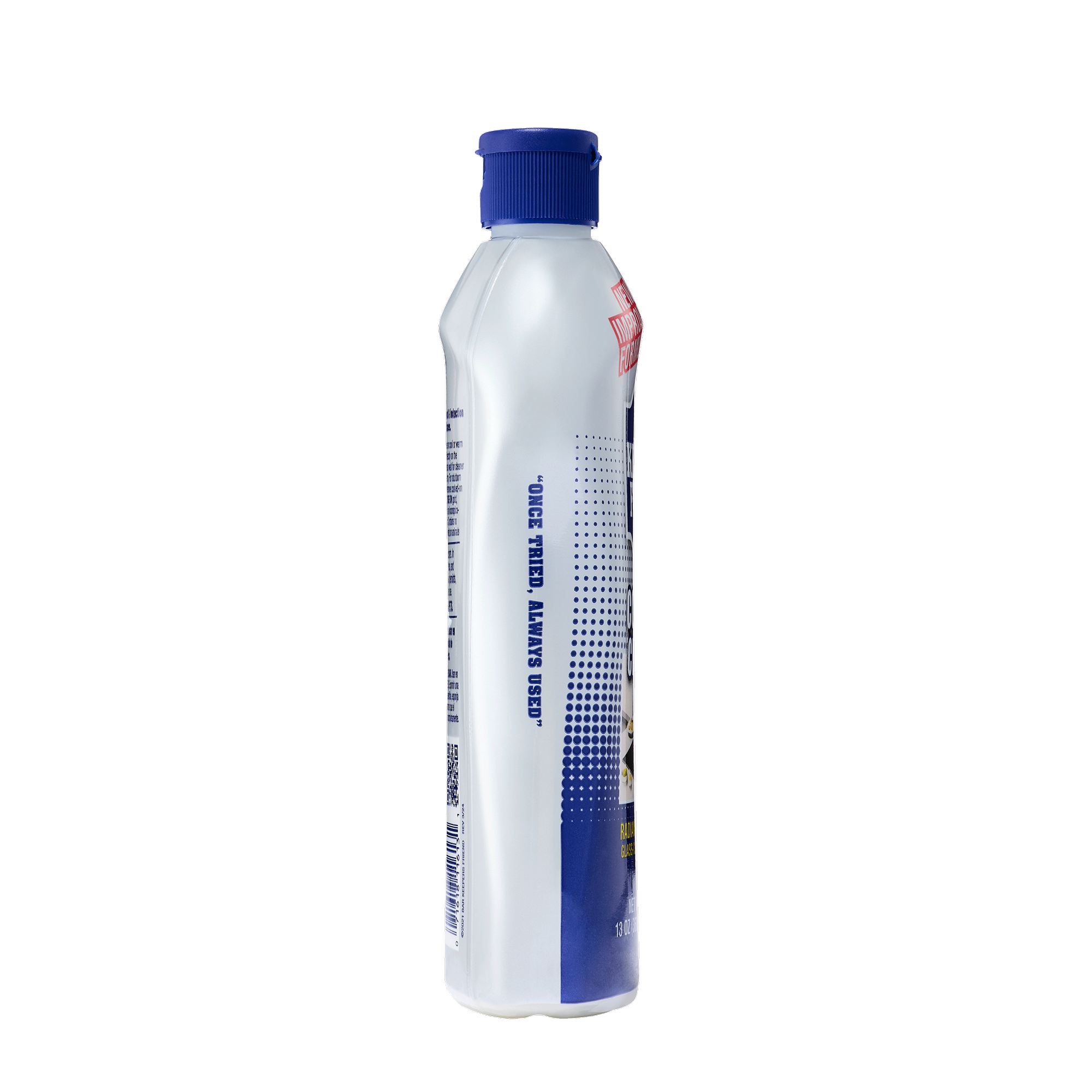 White and blue plastic bottle with a blue cap, showing partial text "Once tried, always used.