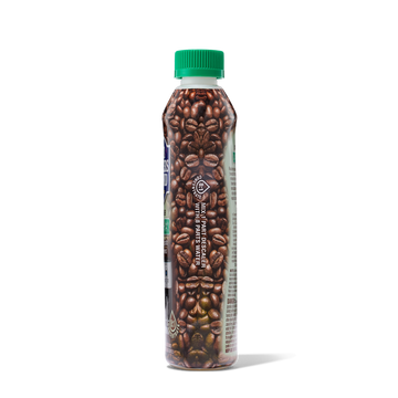 Bottle with a green cap featuring a coffee bean design and text about coffee maker descaler.