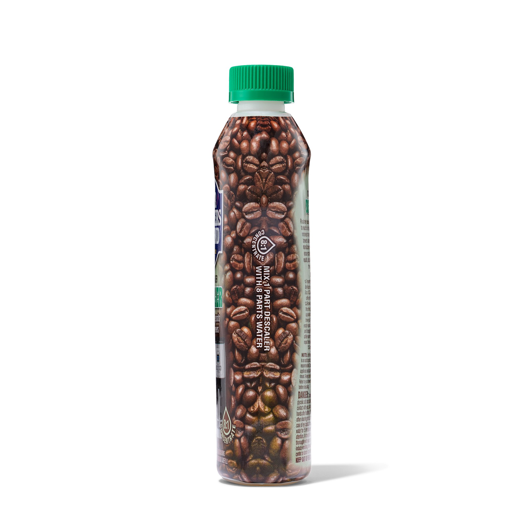 Bottle with a green cap featuring a coffee bean design and text about coffee maker descaler.