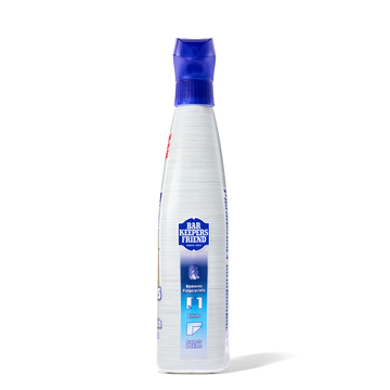 Spray bottle of Bar Keepers Friend stainless steel cleaner and polish with blue cap and label.