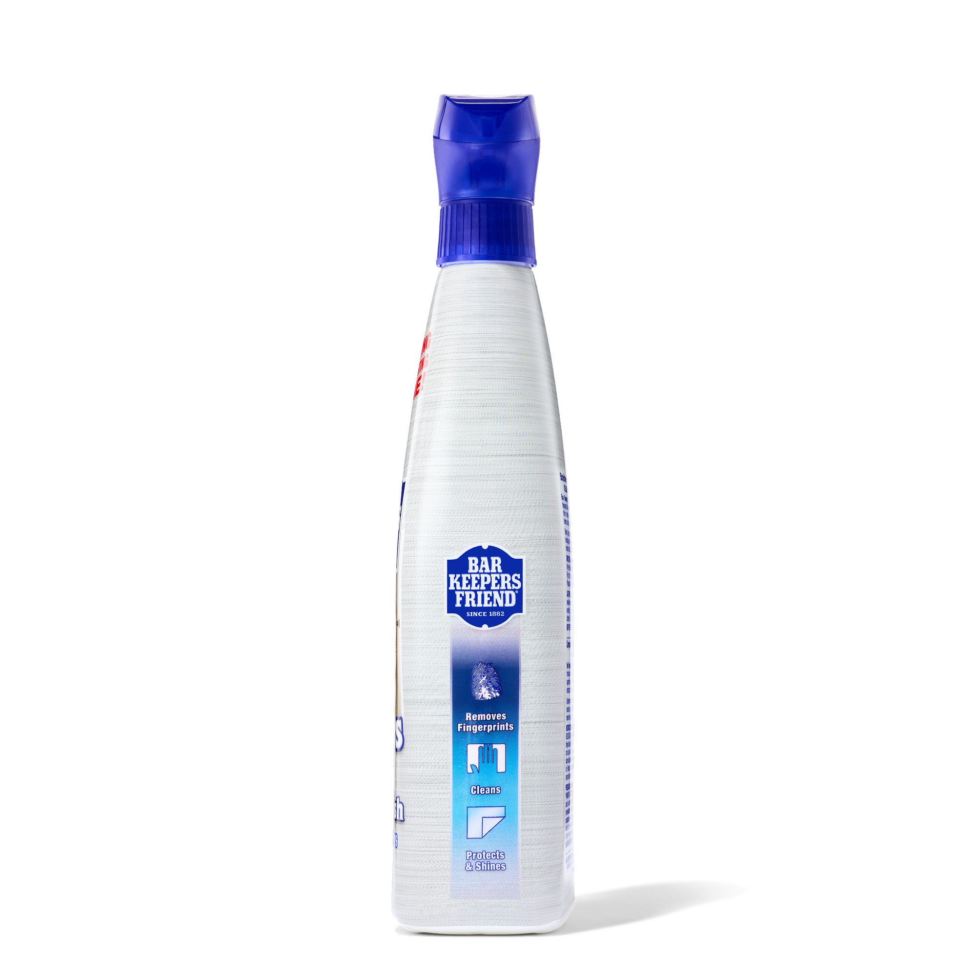 Spray bottle of Bar Keepers Friend stainless steel cleaner and polish with blue cap and label.