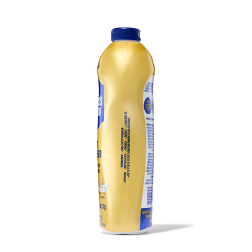 Tall yellow plastic bottle with a blue cap, showing side label text and product information.