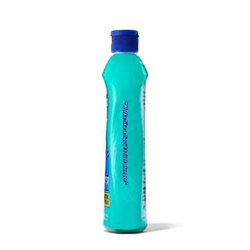 Tall turquoise bottle with a blue cap, labeled as a toilet bowl cleaner.