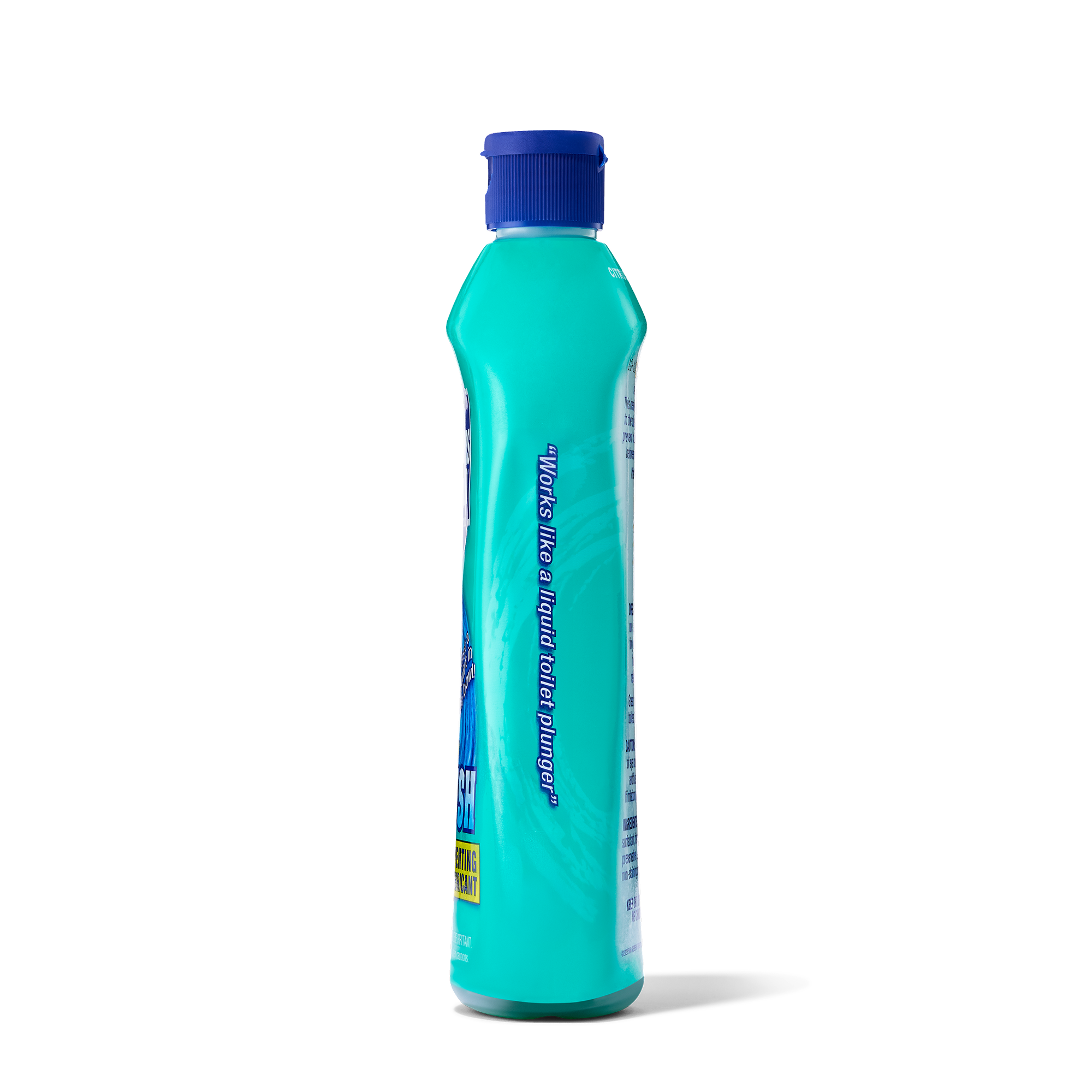 Tall turquoise bottle with a blue cap, labeled as a toilet bowl cleaner.