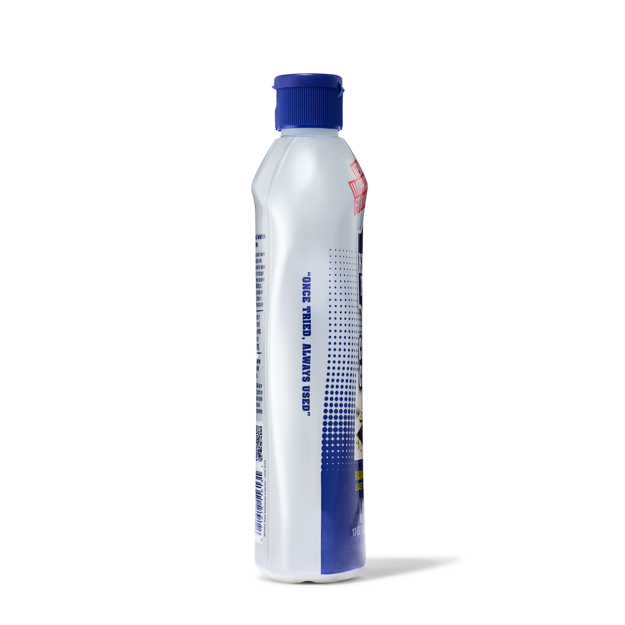 Tall white plastic bottle with a blue flip-top cap, labeled for cooktop cleaner.