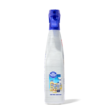 White spray bottle with a blue nozzle and label showing various cleaning products.