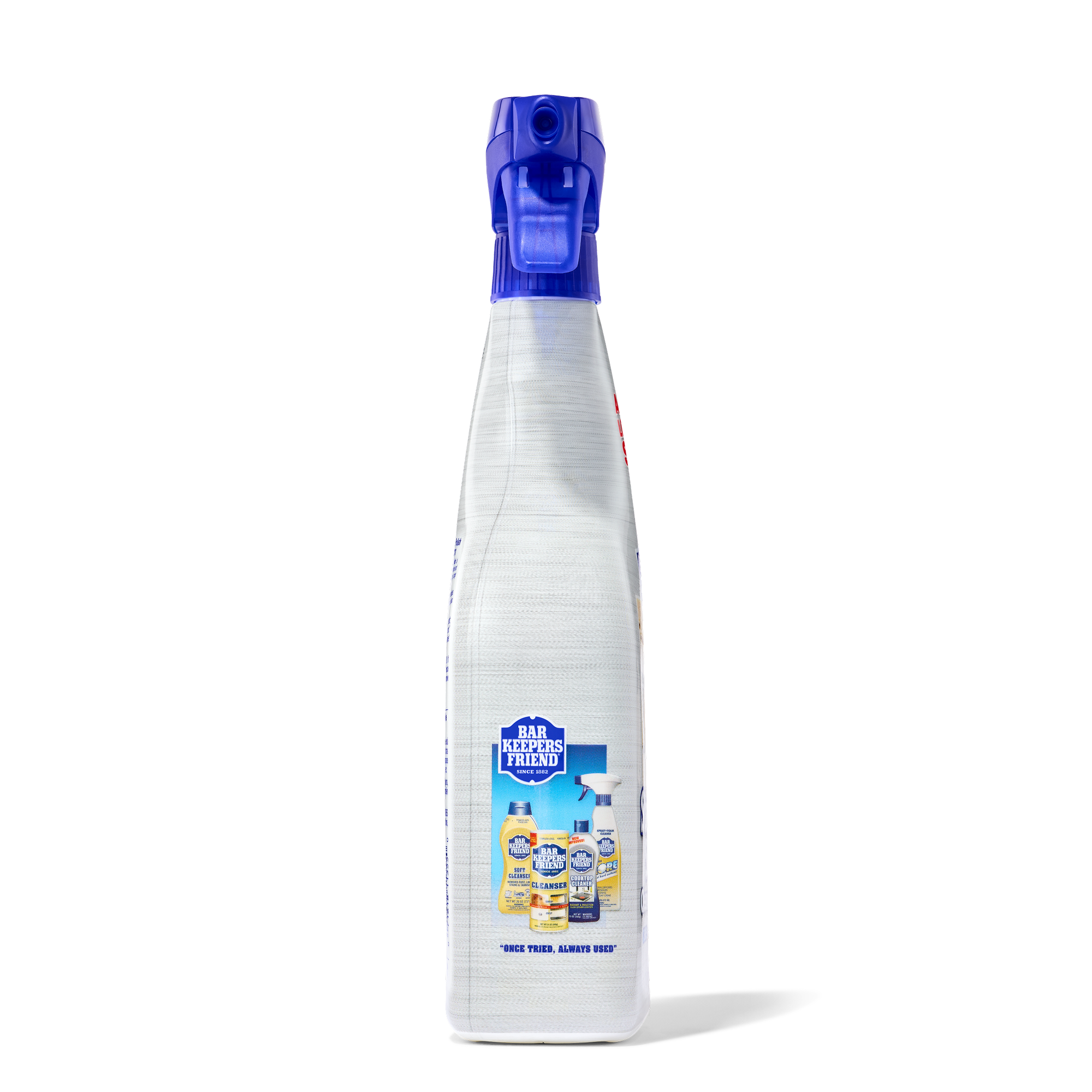 White spray bottle with a blue nozzle and label showing various cleaning products.