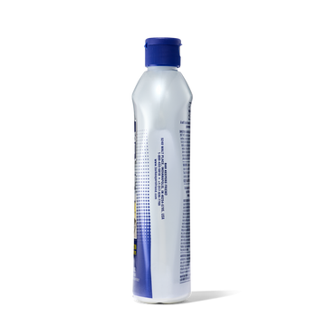 Tall white plastic bottle with a blue cap, containing cooktop cleaner, shown from the side with partially visible text.