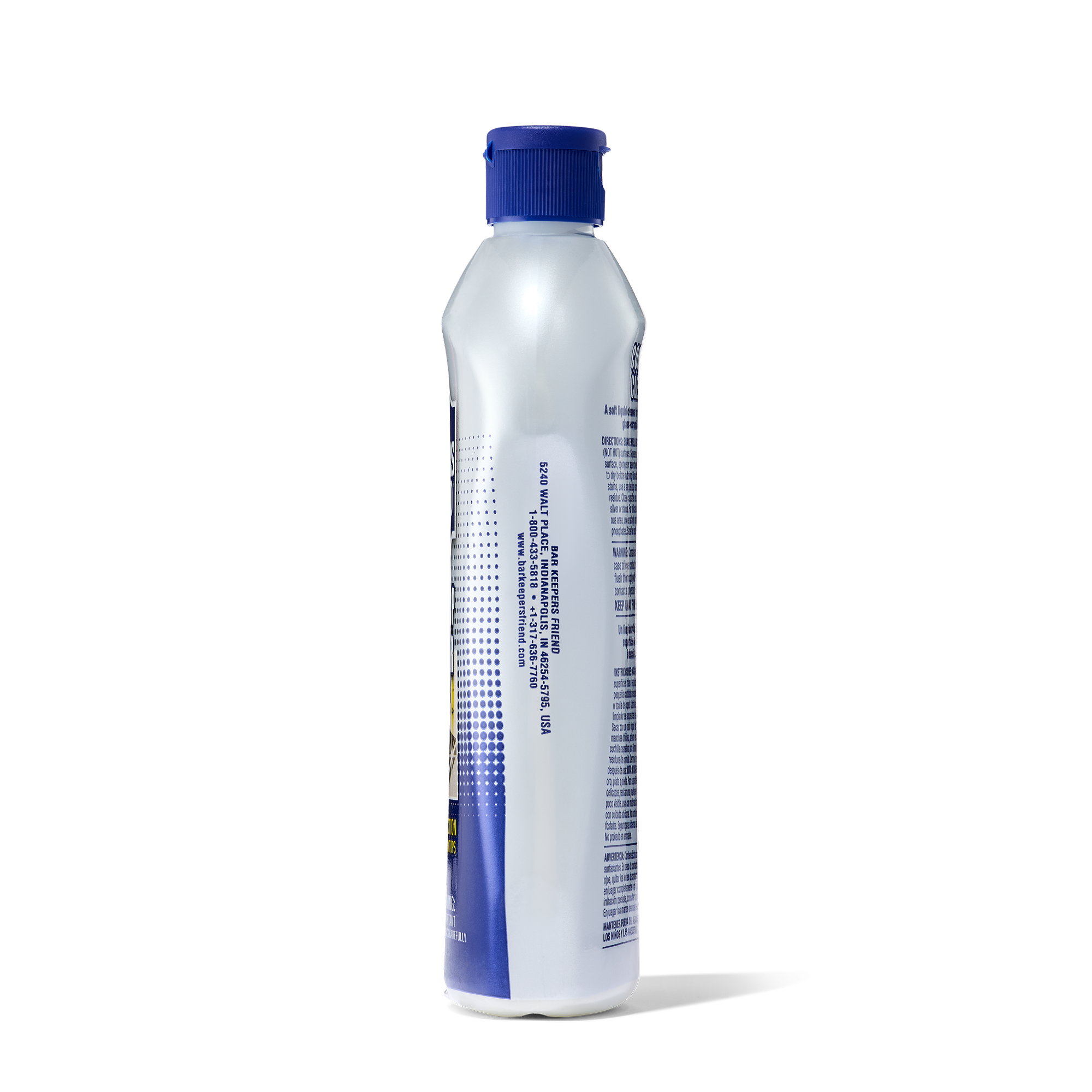 Tall white plastic bottle with a blue cap, containing cooktop cleaner, shown from the side with partially visible text.