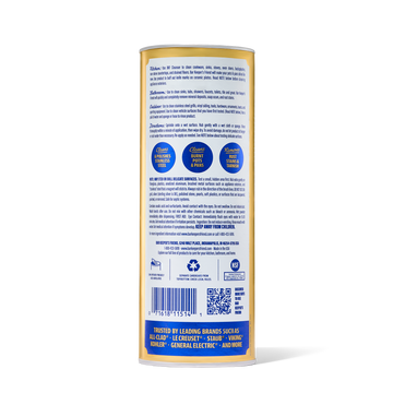 Container label with usage instructions, benefits, and ingredients for a metal and ceramic cleaner, including a barcode and Q