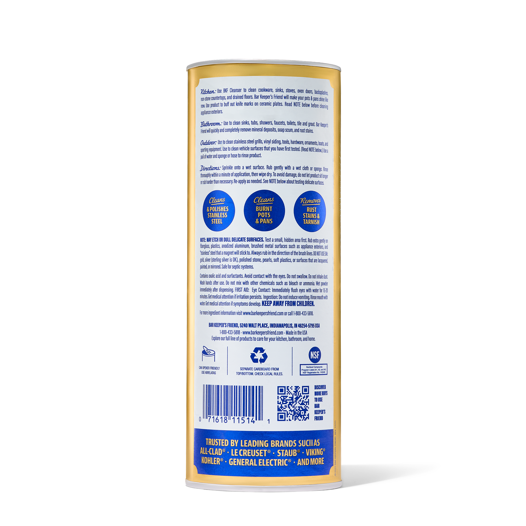 Container label with usage instructions, benefits, and ingredients for a metal and ceramic cleaner, including a barcode and Q